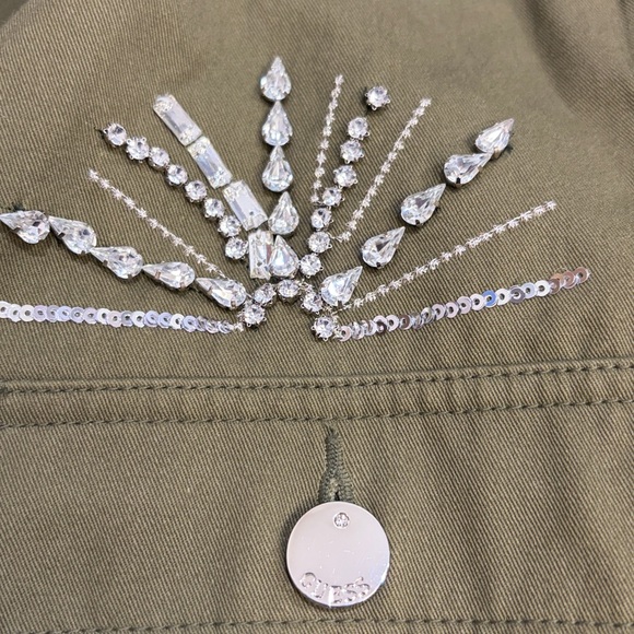 Guess Military Army Green Embellished Gemstone Bling‎ Moto Jacket Cropped Beaded - Picture 13 of 14